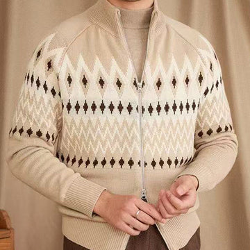 Fair Isle Zip Cardigan with High Collar and Thick Knit, Geometric Pattern