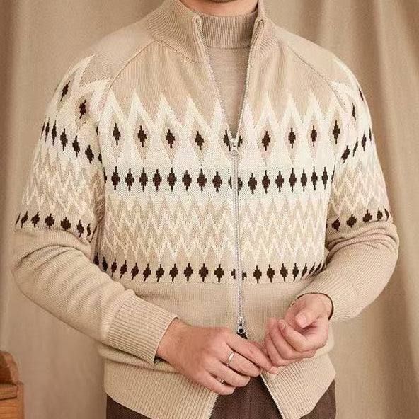 Fair Isle Zip Cardigan with High Collar and Thick Knit, Geometric Pattern