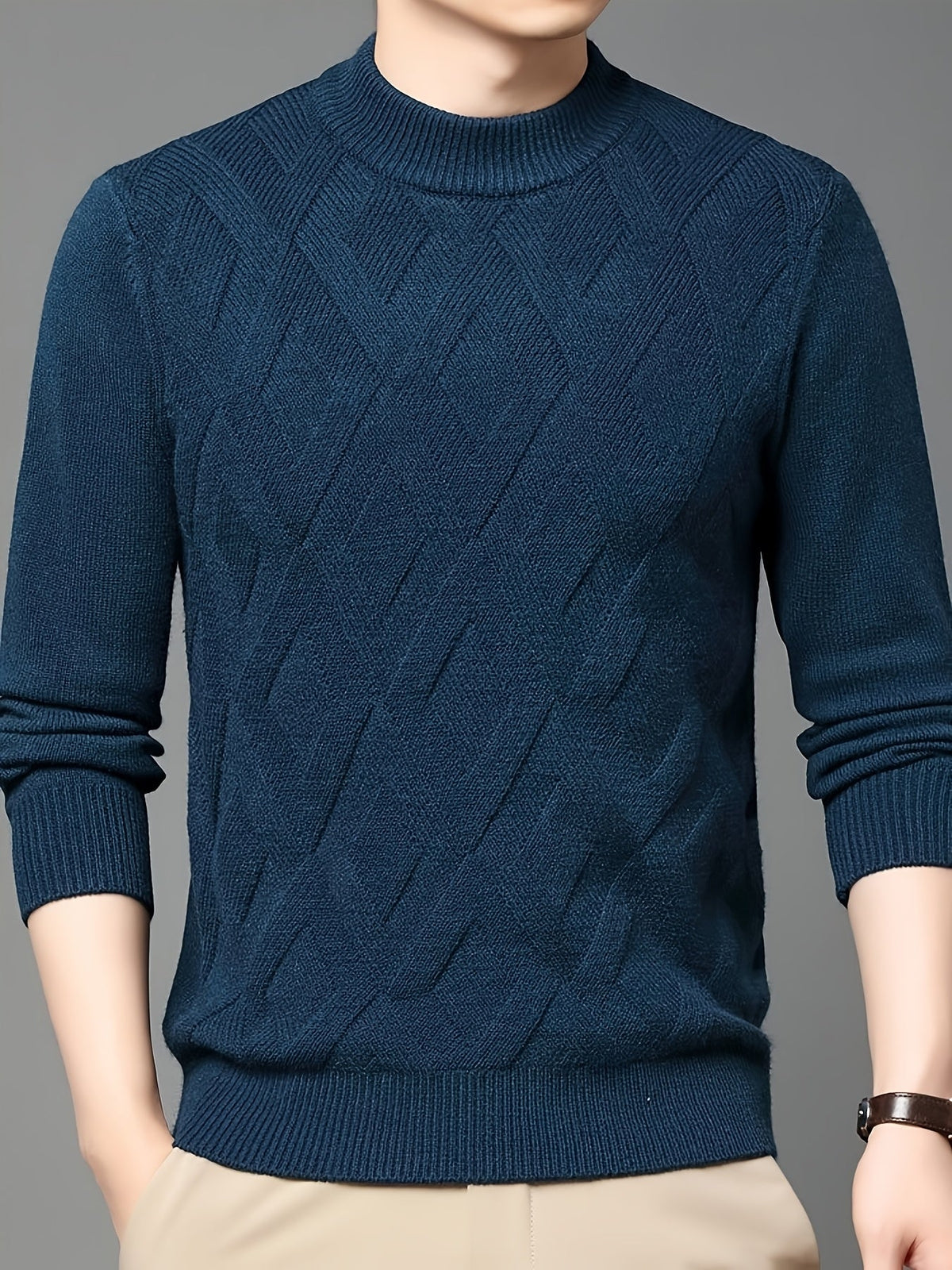 Close Fit Mock Neck Sweater with Diagonal Knit and Ribbed Cuffs