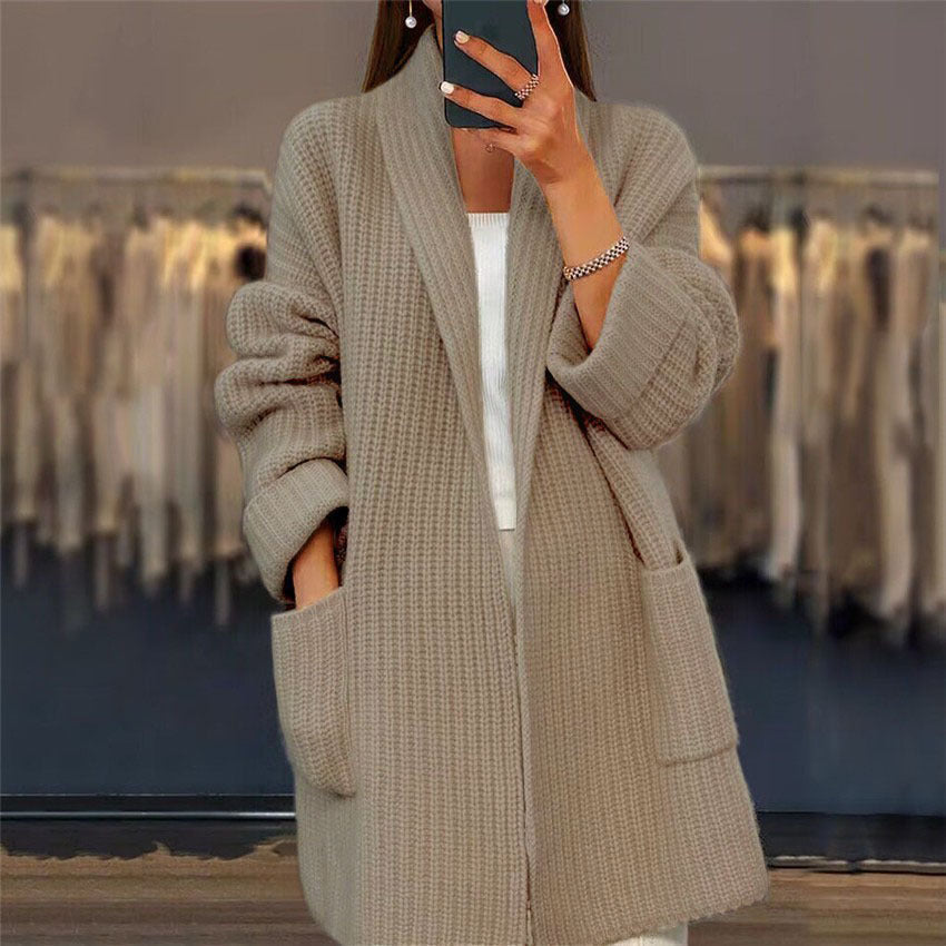 Women's Open Front Cardigan with Shawl Collar and Patch Pockets, Longline