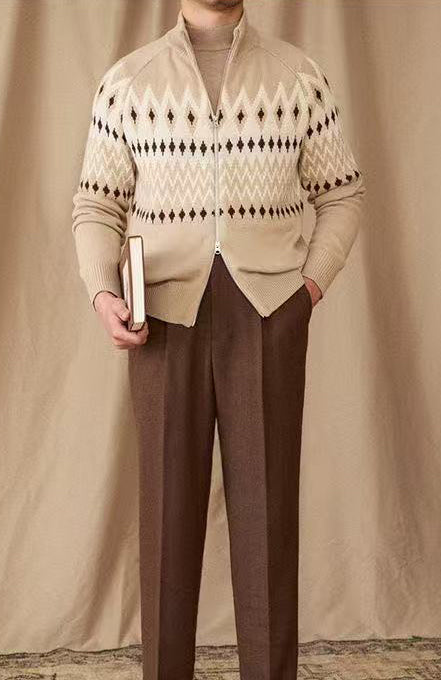 Thick Knit Cardigan with Full Zip and High Collar, Fair Isle Pattern