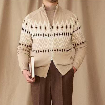 Fair Isle Zip Cardigan with High Collar and Thick Knit, Geometric Pattern