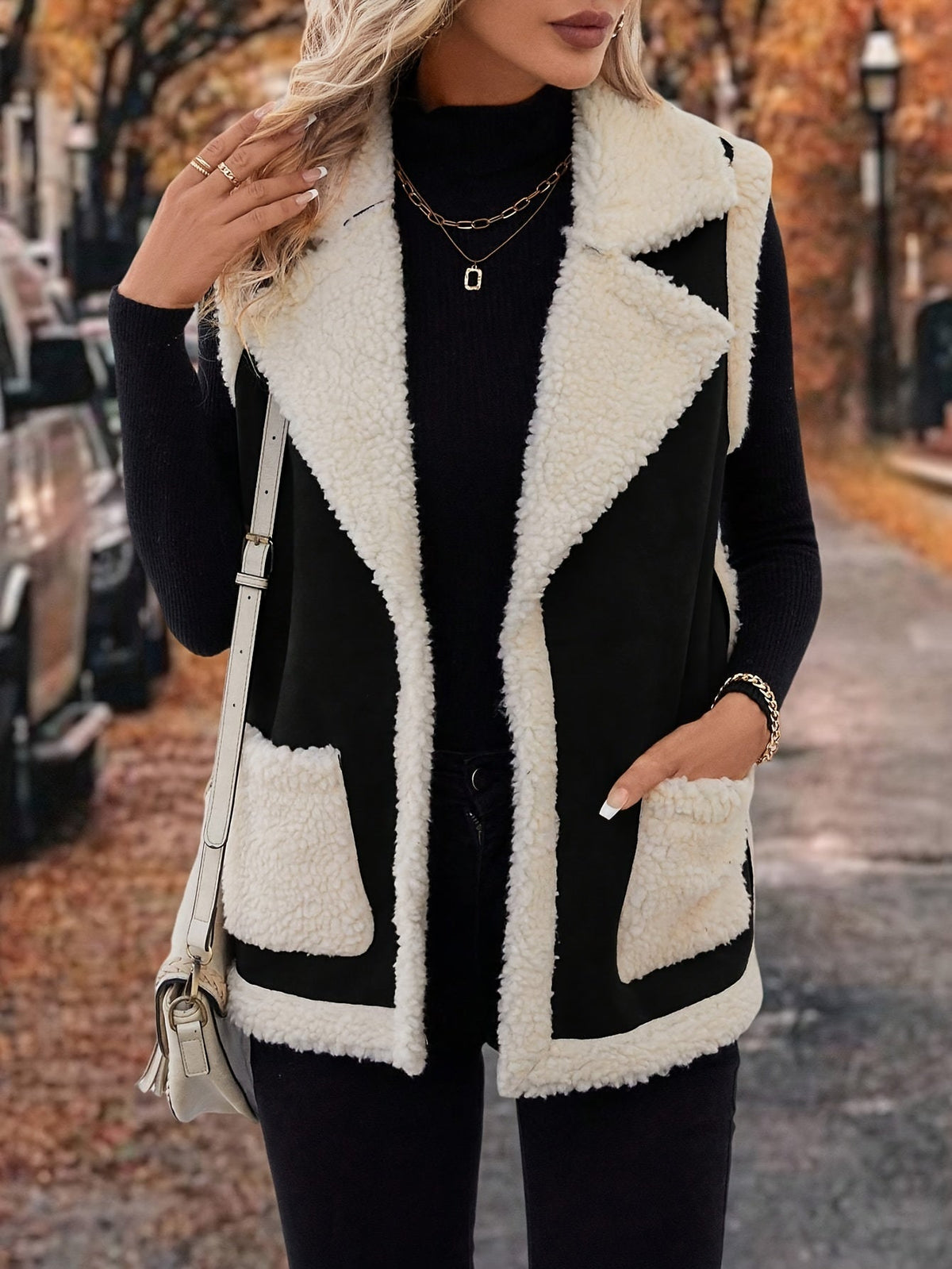 Open Front Vest with Plush Lining and Lapel Collar, Dual Pockets