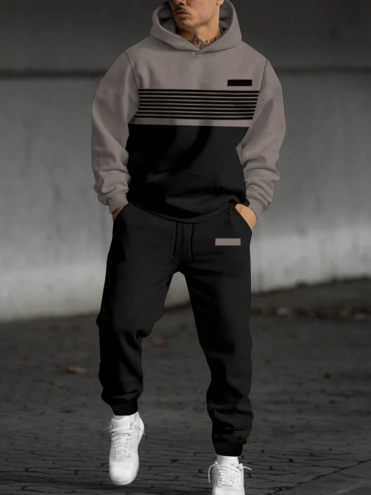 Pullover Hoodie with Color Block Panels and Adjustable Hood, Relaxed Fit