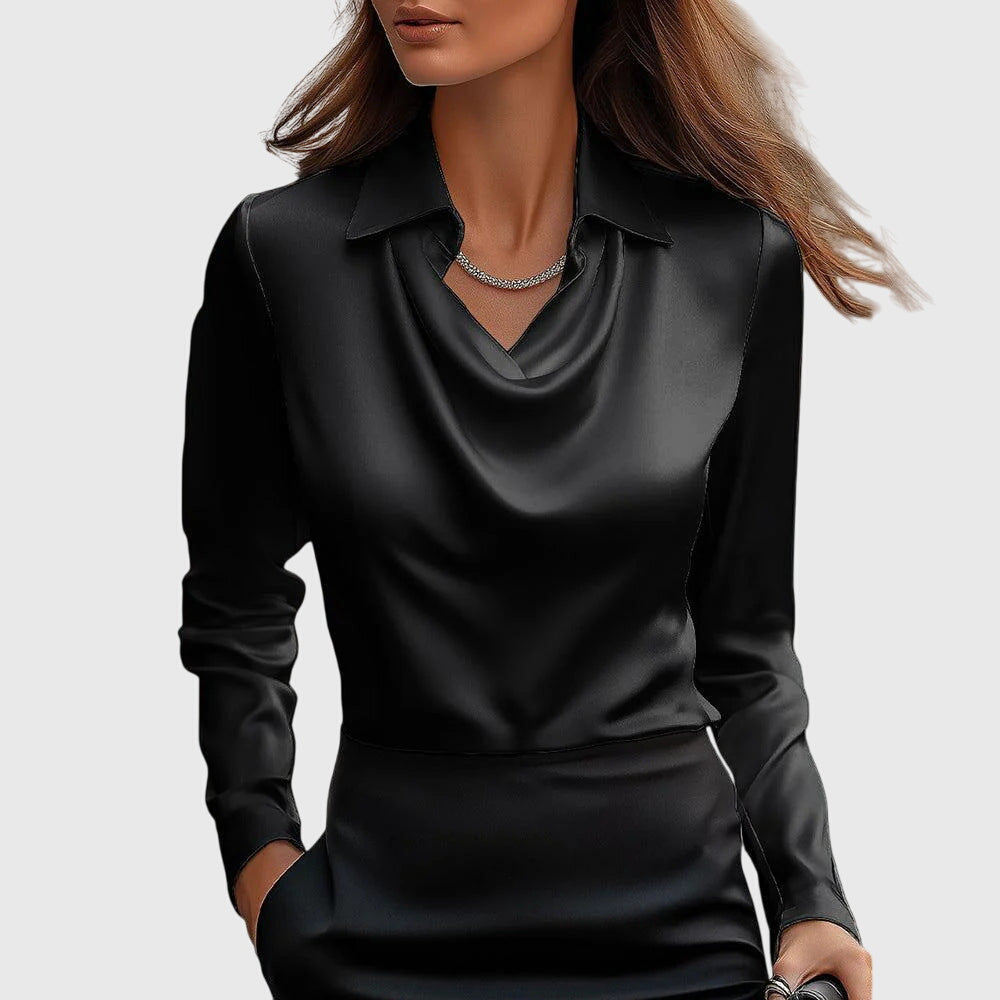 Women's Relaxed Fit Blouse with Draped Neckline and Defined Waist