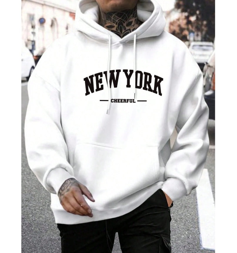 Mens Oversized Pullover Hoodie with Dropped Shoulders and Collegiate Chest Print