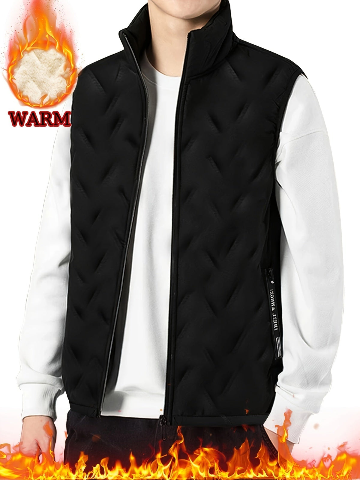 Sleeveless Insulated Vest with Stand Collar and Zippered Pockets, Plush Lined