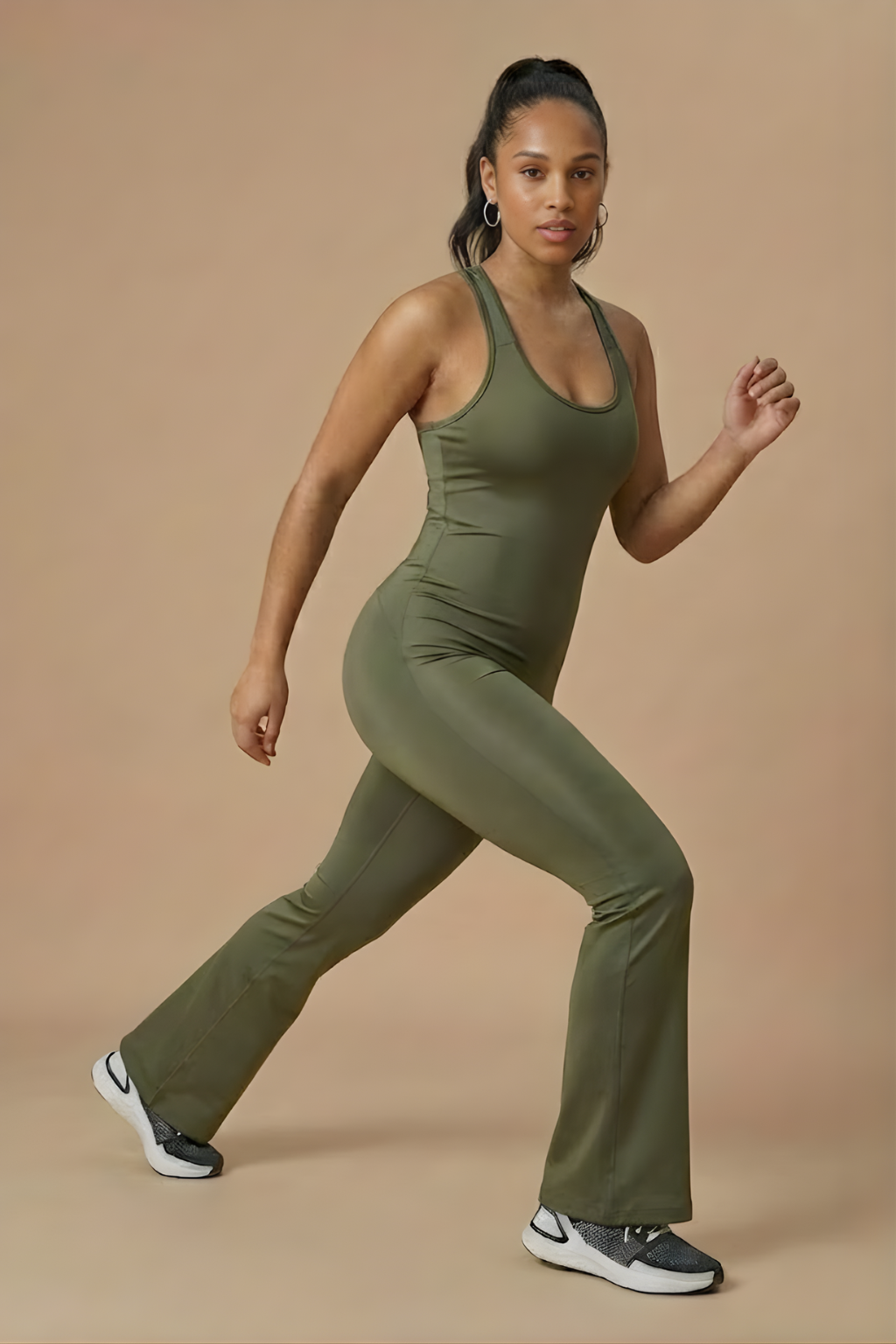 Women’s V-Back Sleeveless Flared Bodysuit – Sculpted Silhouette with Wide-Leg Finish