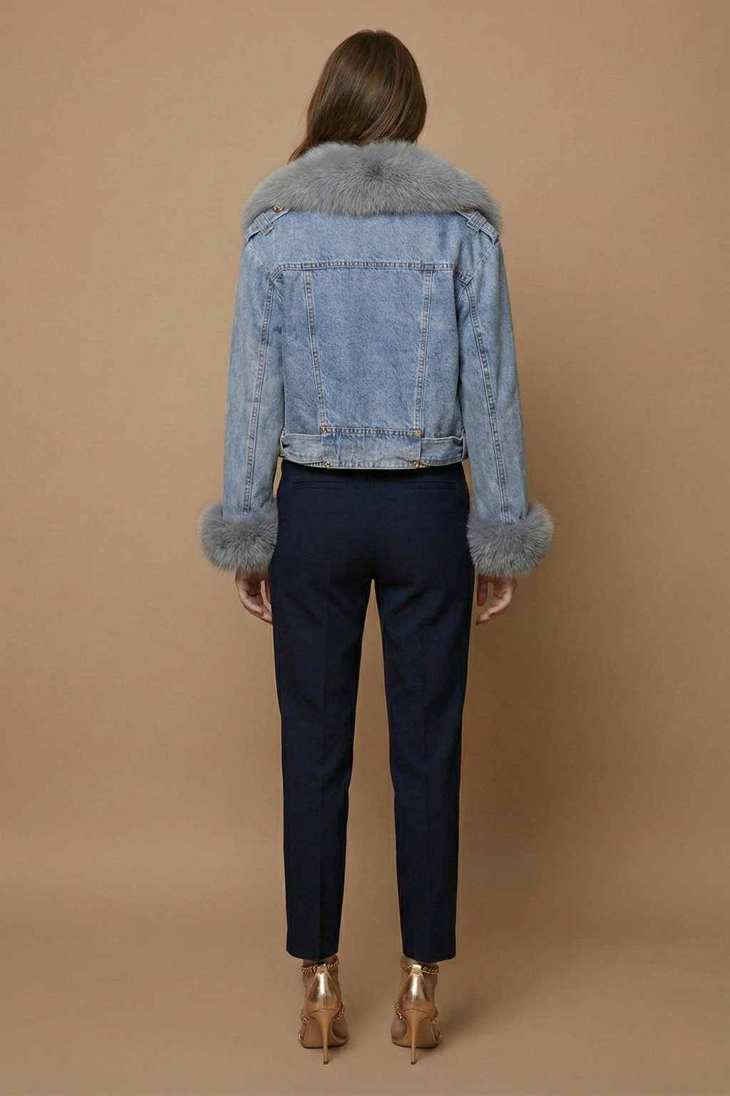 Women’s Cropped Denim Jacket with Plush Trim and Zip Front