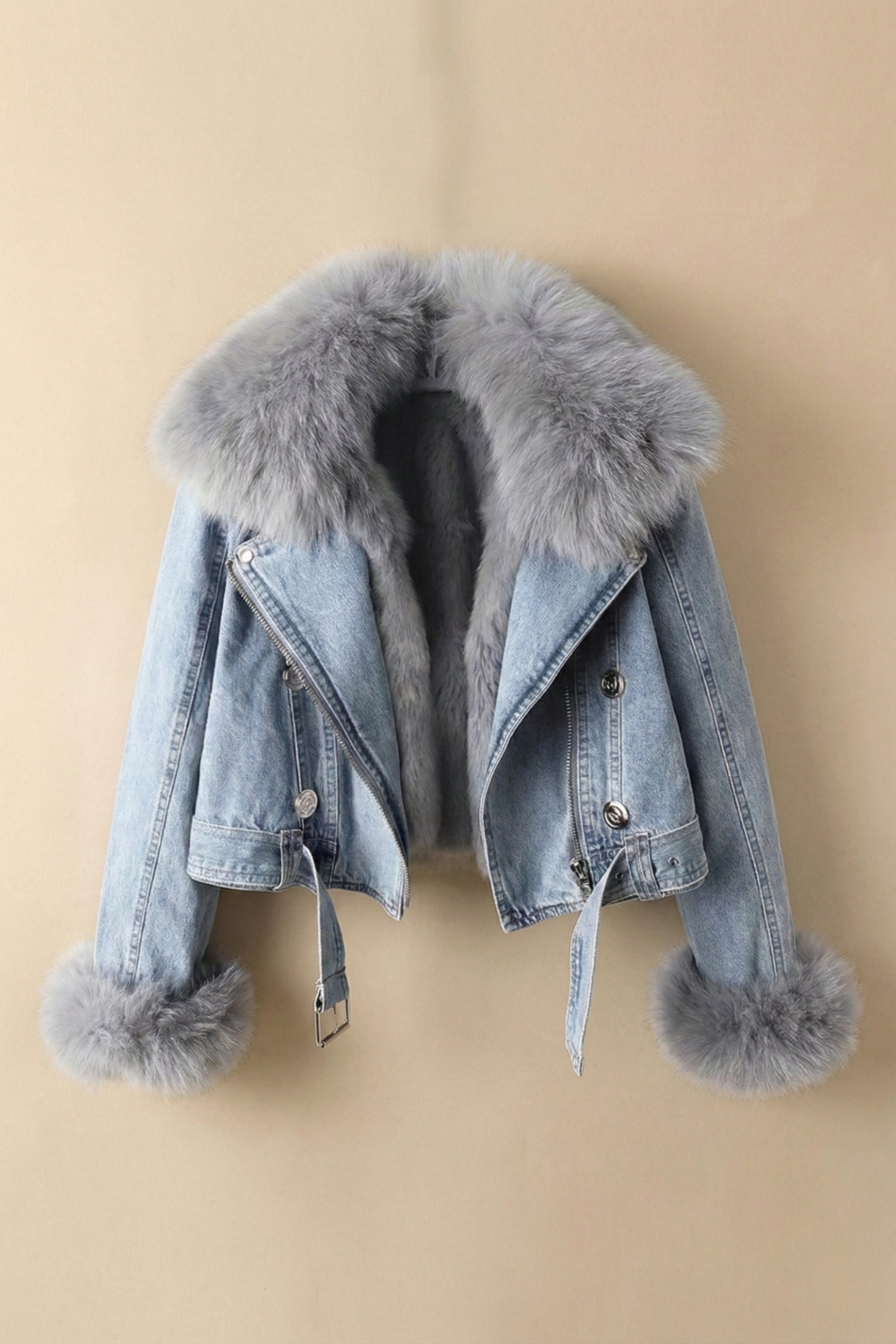 Women’s Cropped Denim Jacket with Plush Trim and Zip Front