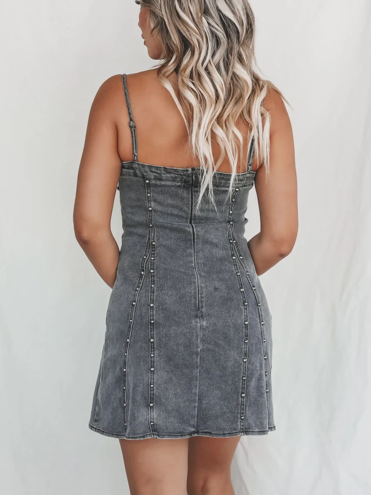 Women's Denim Metal Stud Embellished Spaghetti Strap Mini Dress