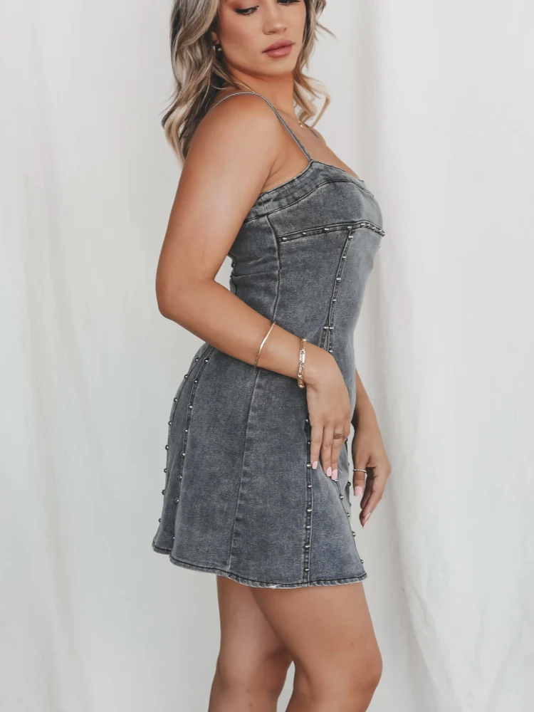 Women's Denim Metal Stud Embellished Spaghetti Strap Mini Dress