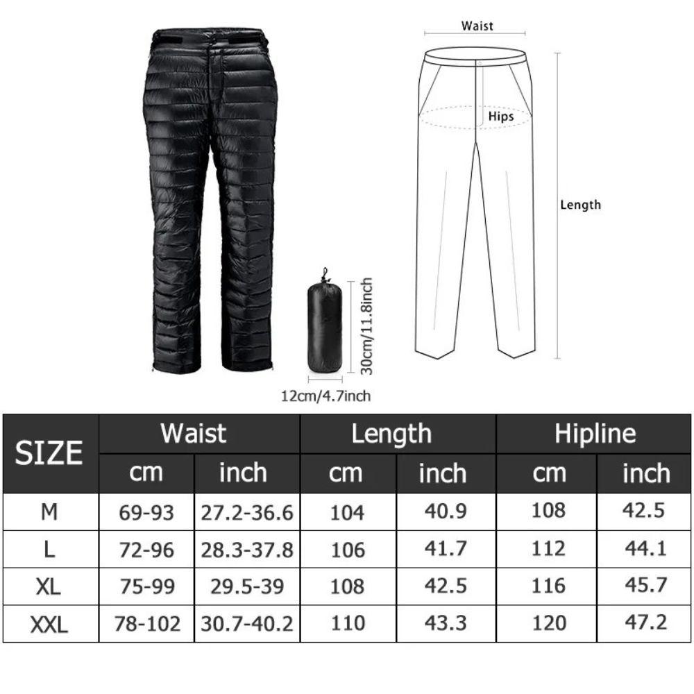 Goose Down Insulated Pants with Full Leg Side Zippers and Water Resistant Lower Legs
