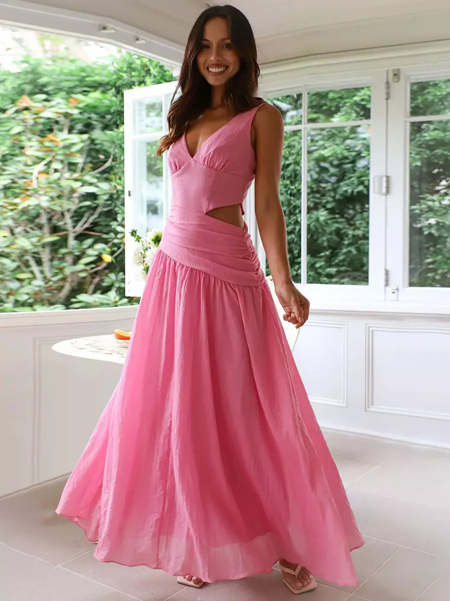 Women's V-Neck Maxi Dress - Drop Waist Cutout Flowy A-Line Skirt