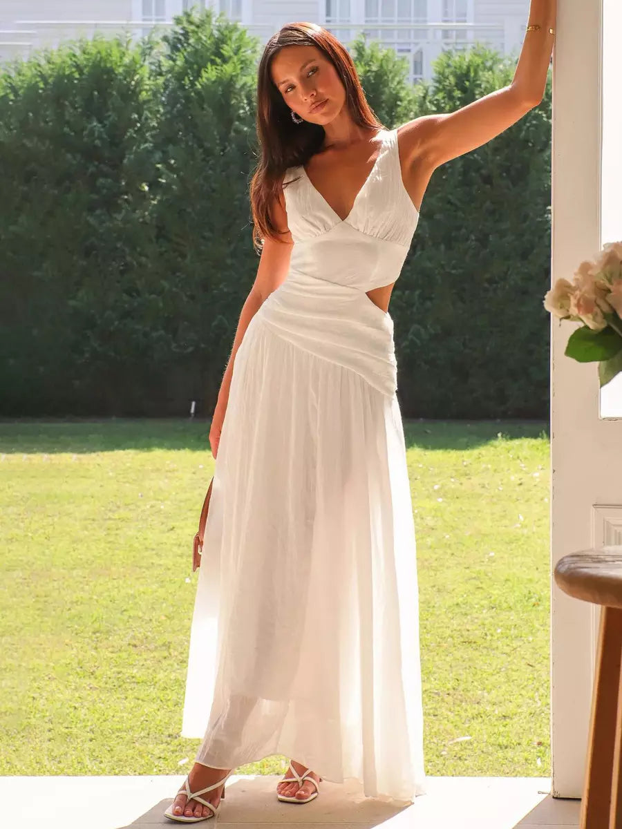 Women's V-Neck Maxi Dress - Drop Waist Cutout Flowy A-Line Skirt