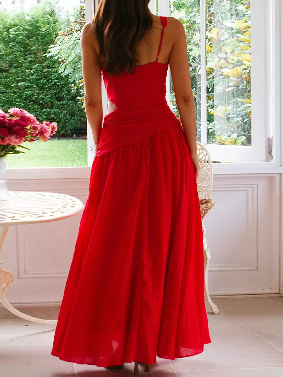 Women's V-Neck Maxi Dress - Drop Waist Cutout Flowy A-Line Skirt