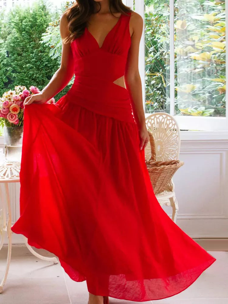 Women's V-Neck Maxi Dress - Drop Waist Cutout Flowy A-Line Skirt