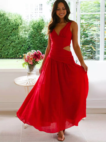 Women's V-Neck Maxi Dress - Drop Waist Cutout Flowy A-Line Skirt