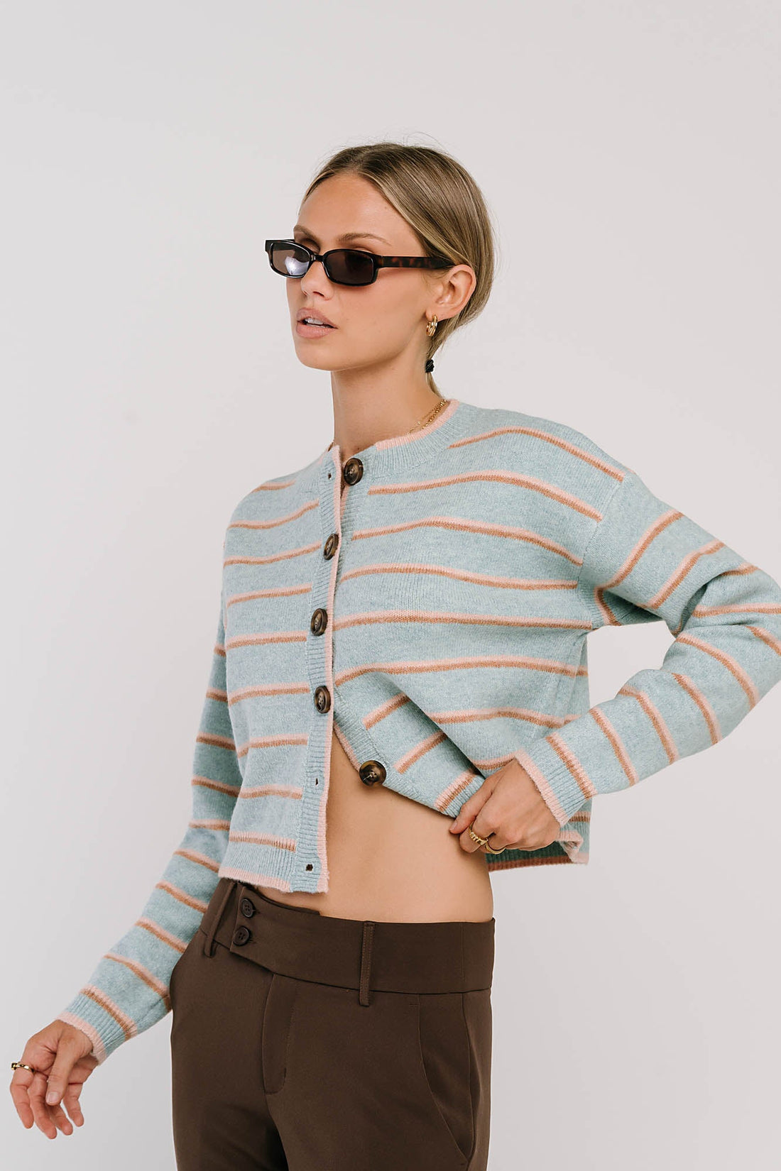 Stretch Knit Cardigan with Full Button Closure and Ribbed Edges