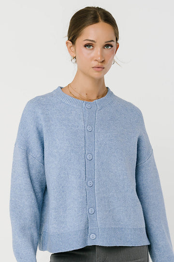 Button-Front Stretch Knit Cardigan with Ribbed Cuffs and Hip Length, Light Blue