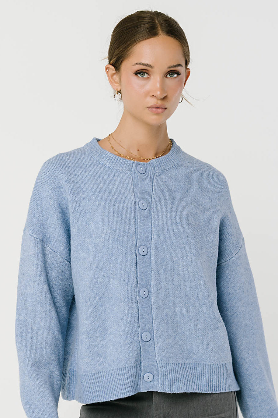 Button-Front Stretch Knit Cardigan with Ribbed Cuffs and Hip Length, Light Blue