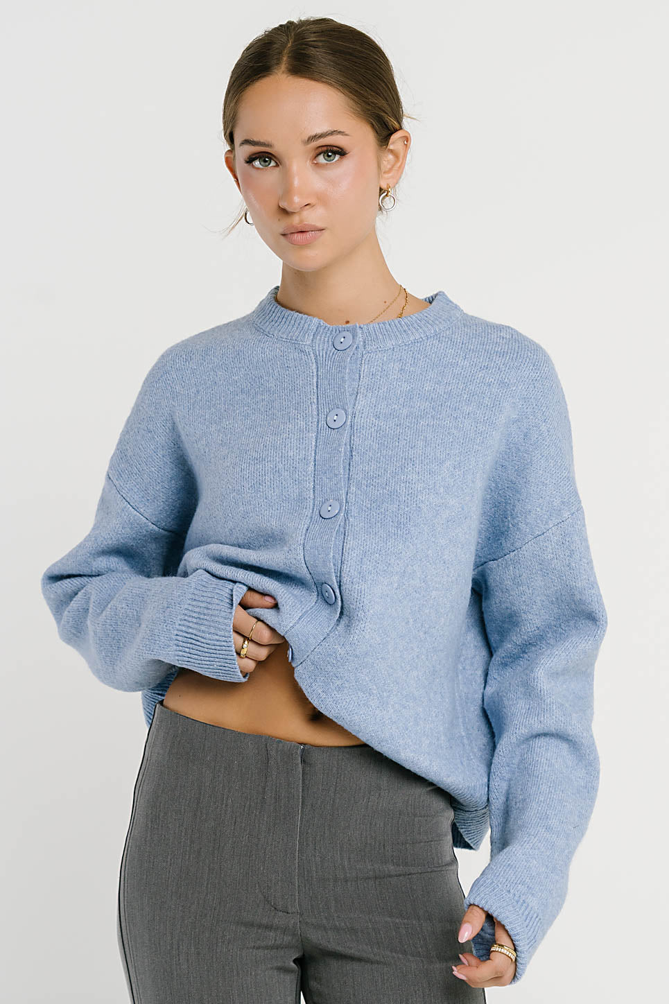 Button-Front Stretch Knit Cardigan with Ribbed Cuffs and Hip Length, Light Blue