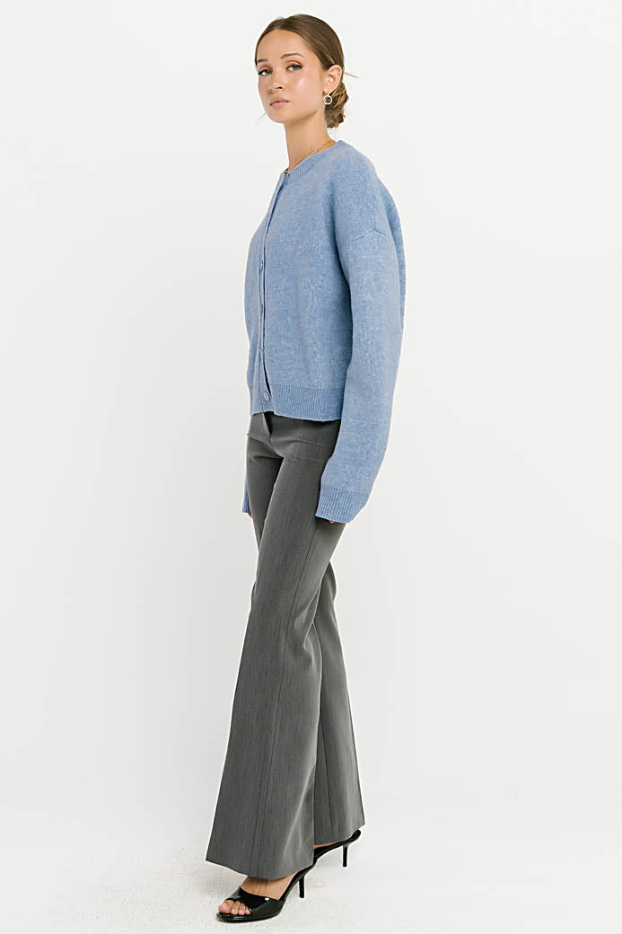 Button-Front Stretch Knit Cardigan with Ribbed Cuffs and Hip Length, Light Blue