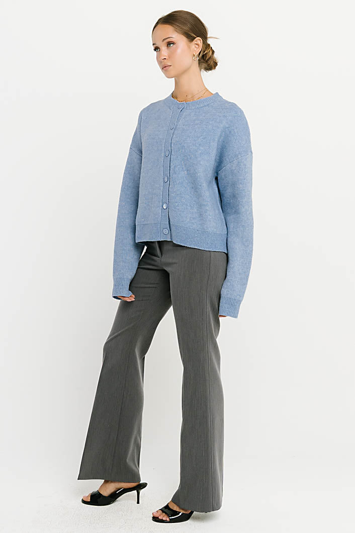 Button-Front Stretch Knit Cardigan with Ribbed Cuffs and Hip Length, Light Blue