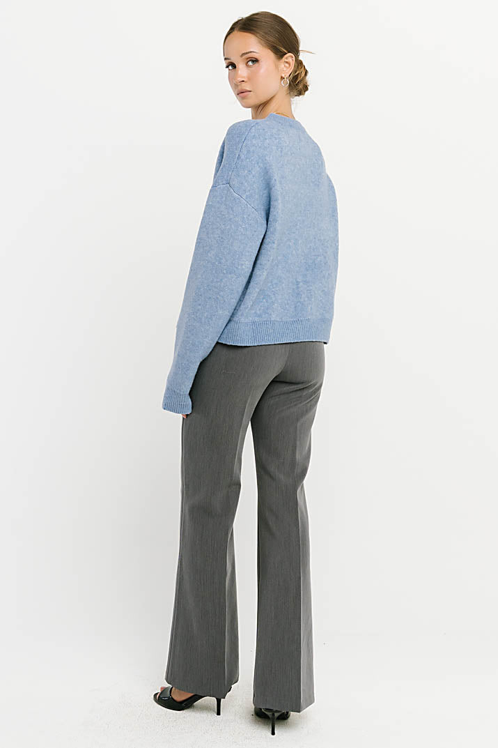 Button-Front Stretch Knit Cardigan with Ribbed Cuffs and Hip Length, Light Blue