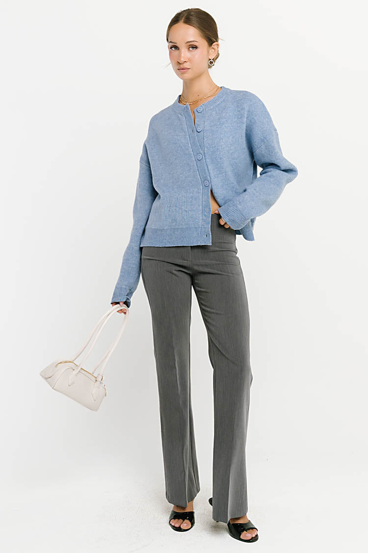 Button-Front Stretch Knit Cardigan with Ribbed Cuffs and Hip Length, Light Blue