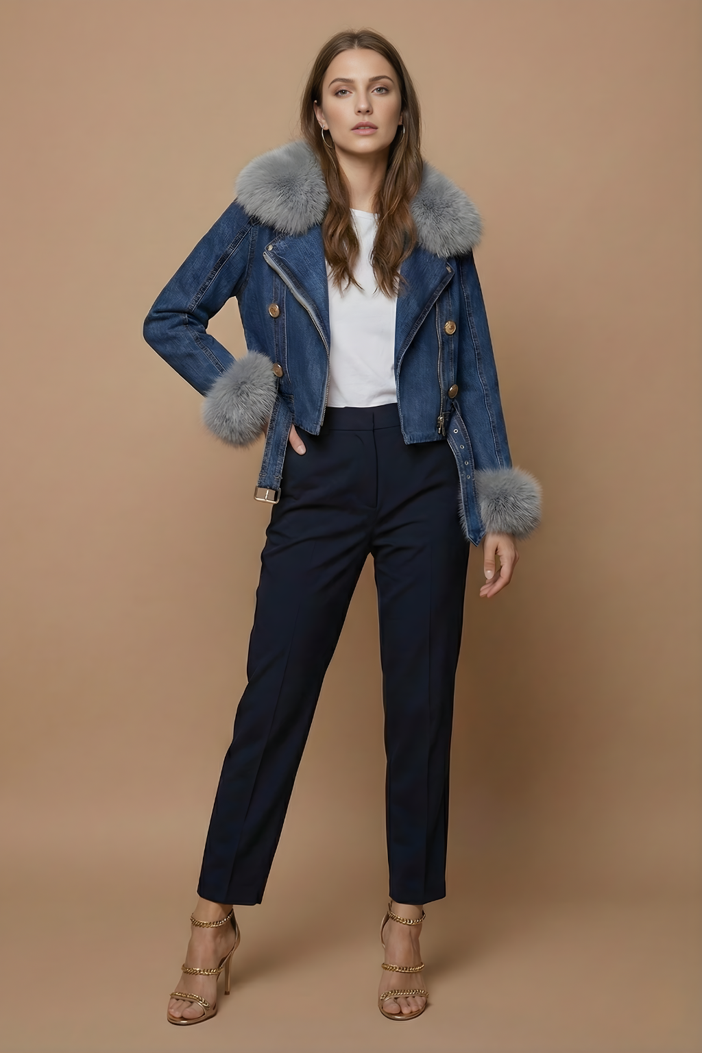 Women’s Cropped Denim Jacket with Plush Trim and Zip Front