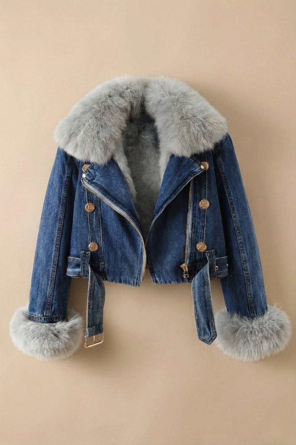 Women’s Cropped Denim Jacket with Plush Trim and Zip Front