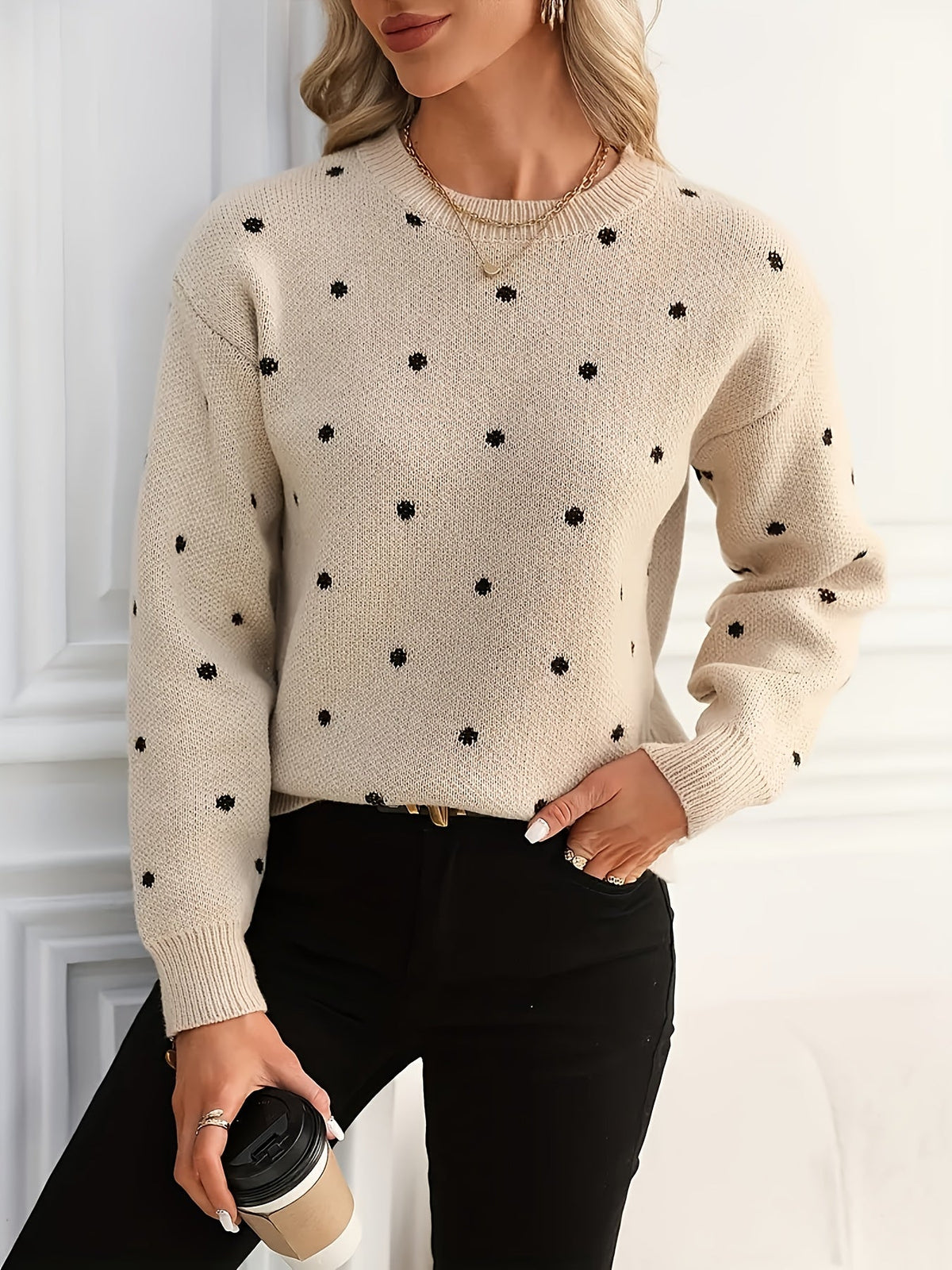 Polka Dot Crew Neck Sweater with Light Stretch and Ribbed Cuffs, Relaxed Fit