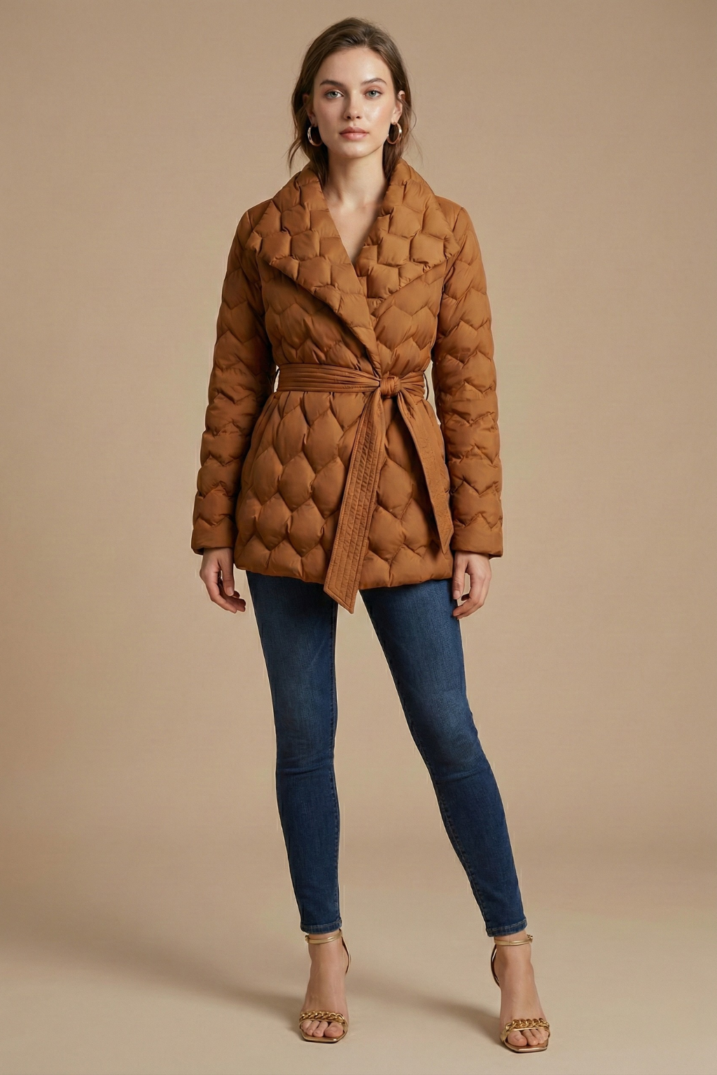Women’s Quilted Wrap Coat with Belted Waist and Shawl Collar