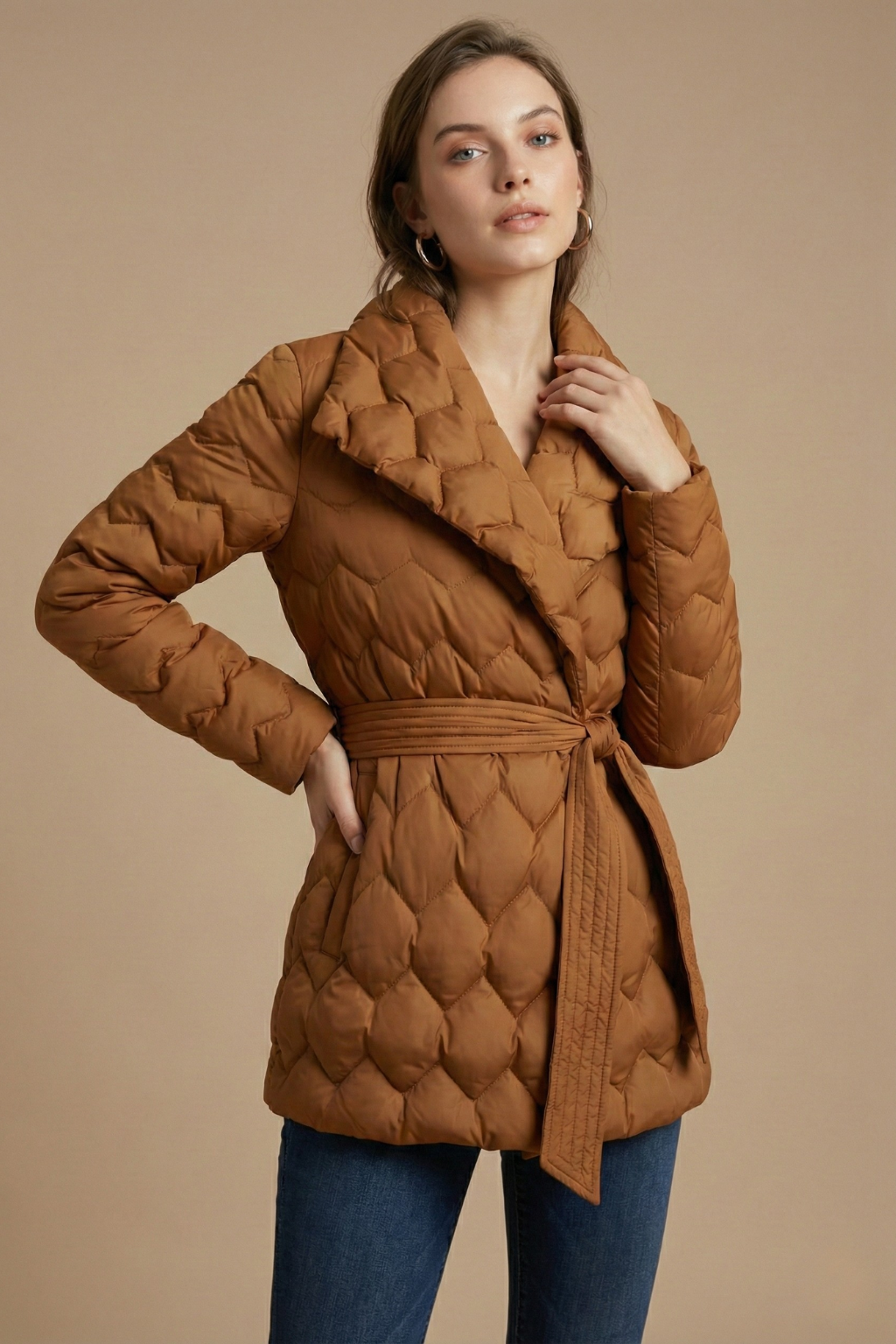 Women’s Quilted Wrap Coat with Belted Waist and Shawl Collar