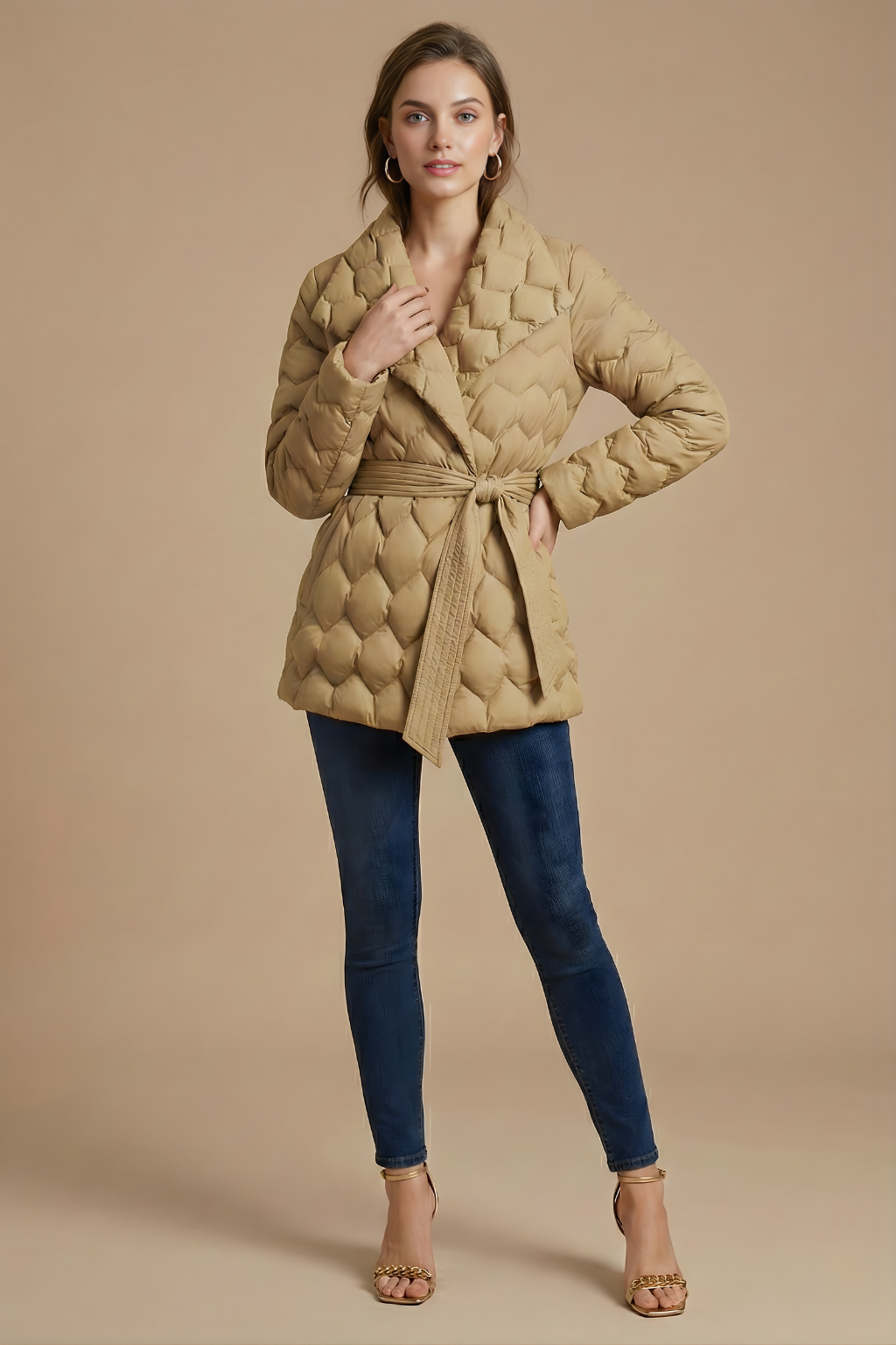 Women’s Quilted Wrap Coat with Belted Waist and Shawl Collar