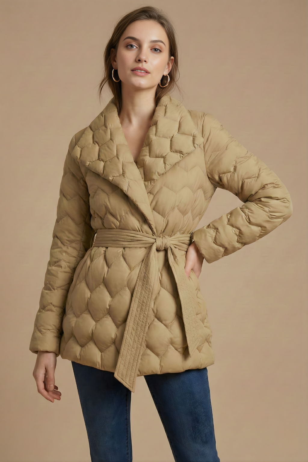 Women’s Quilted Wrap Coat with Belted Waist and Shawl Collar