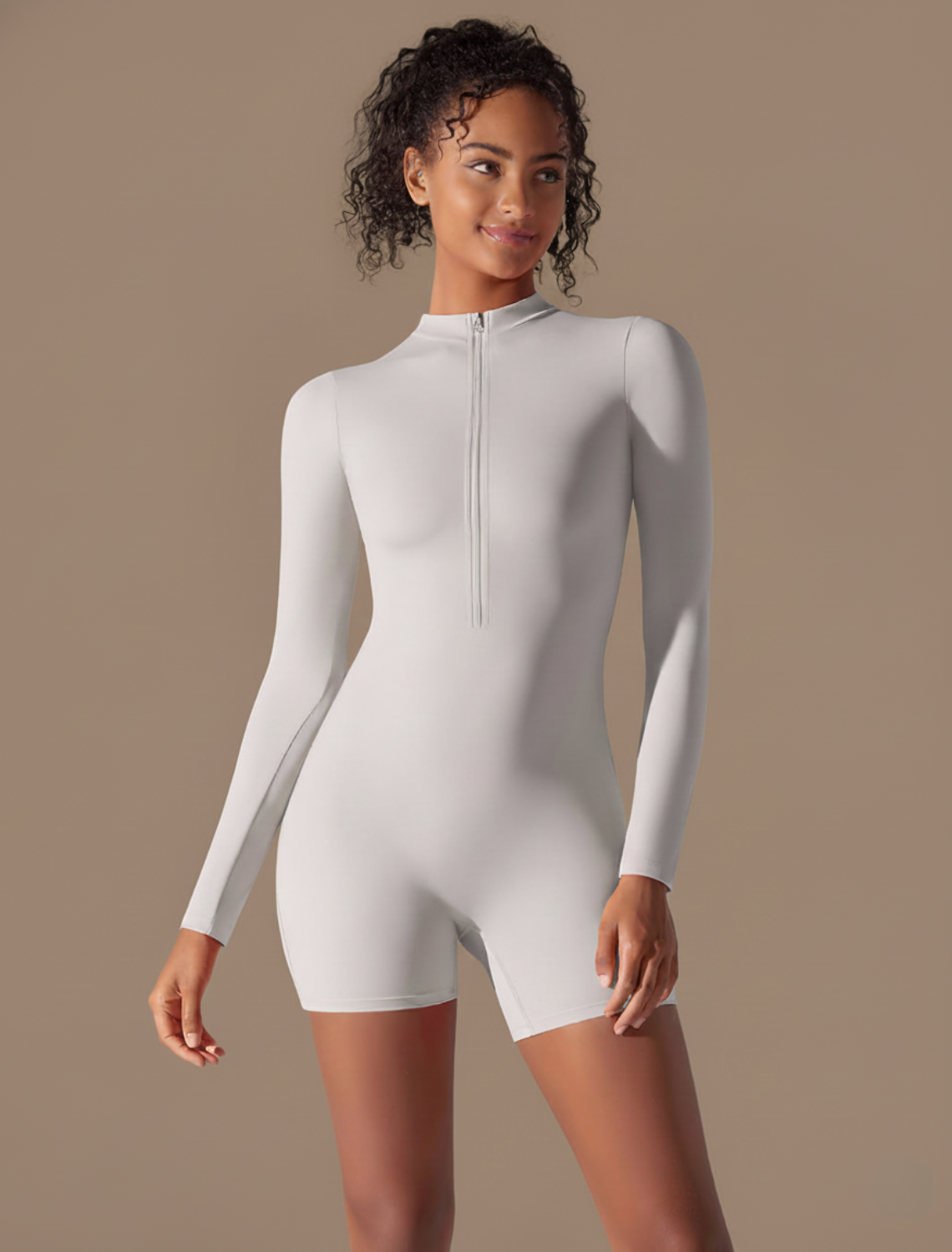 Seamless Long Sleeve Jumpsuit - Slim Fit Short Length Zip Front One Piece Activewear