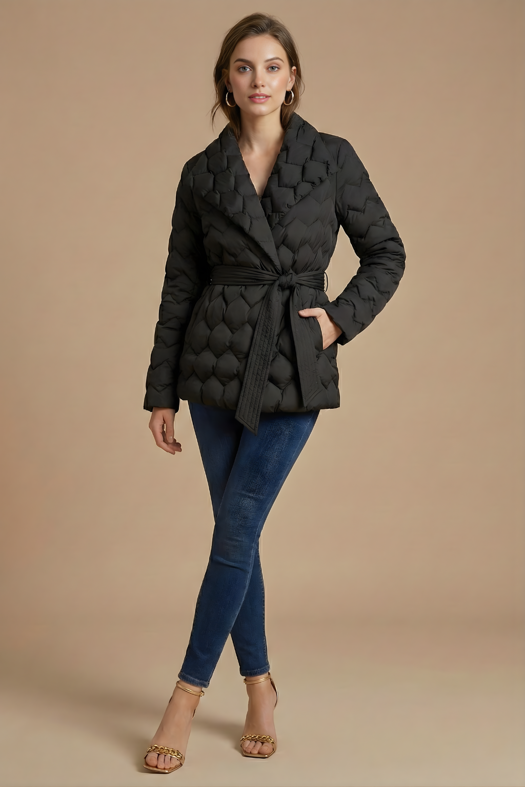 Women’s Quilted Wrap Coat with Belted Waist and Shawl Collar