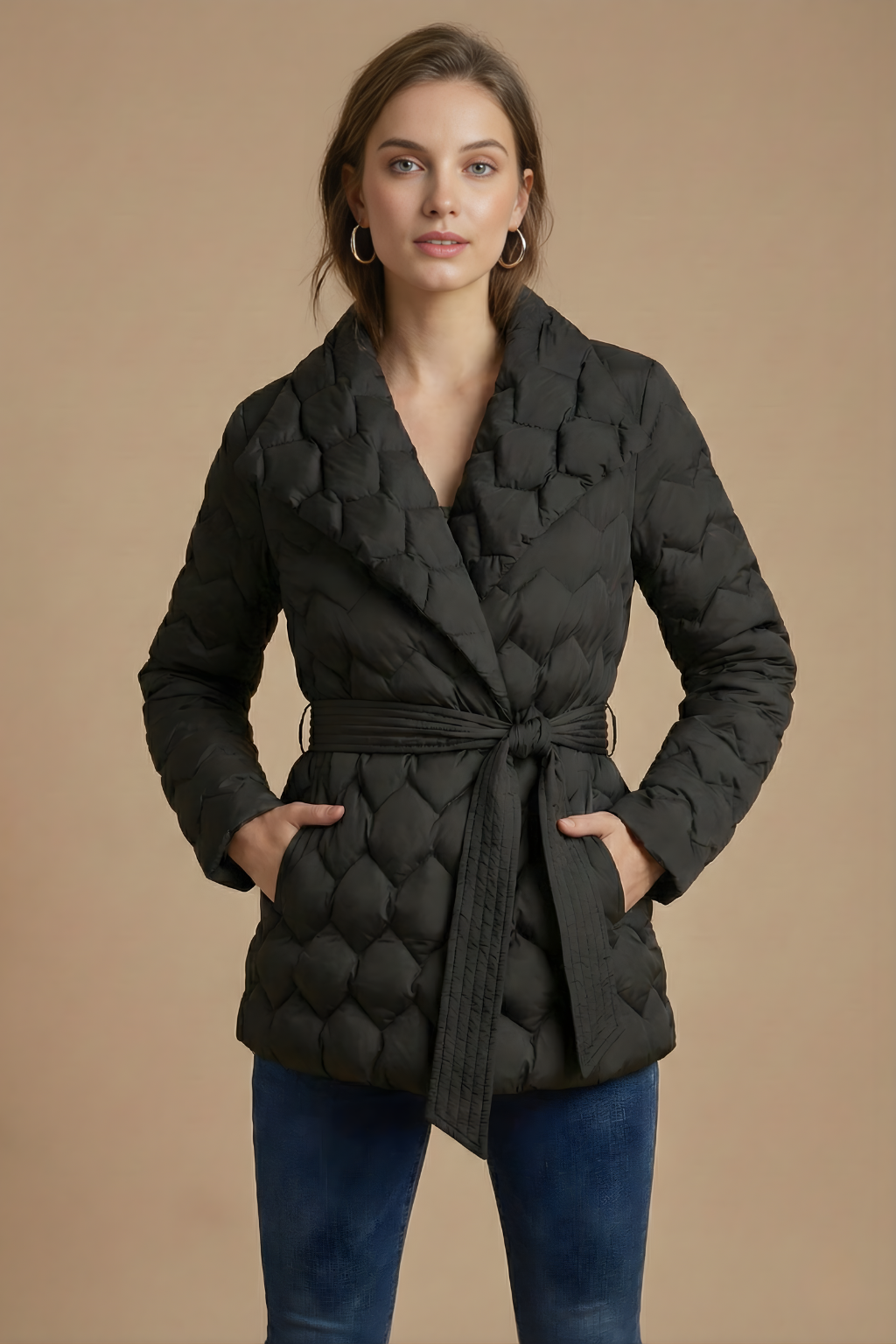 Women’s Quilted Wrap Coat with Belted Waist and Shawl Collar