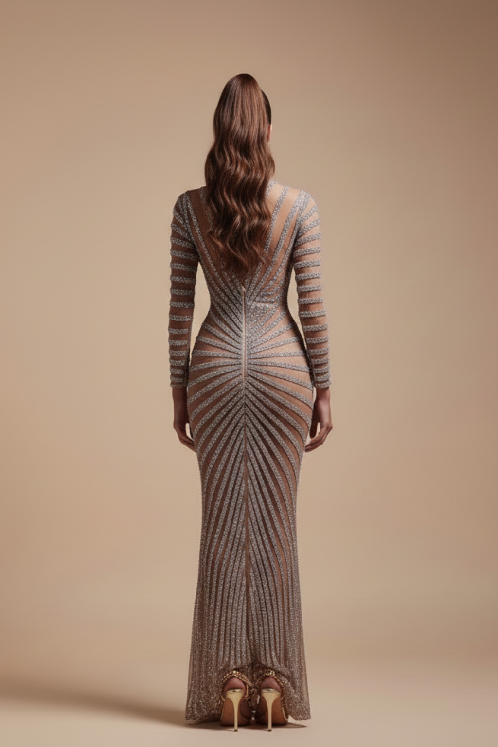 Women’s Embellished Evening Maxi Dress – Long Sleeve Sculpted Silhouette with Front Slit