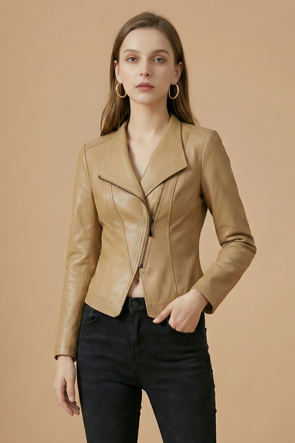 Women’s Zip-Front Faux Leather Jacket with Structured Lapels and Fitted Silhouette