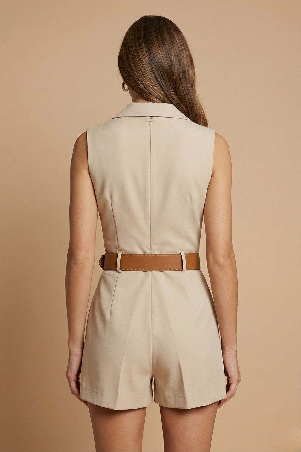 Women’s Tailored Sleeveless Romper - Structured V-Neck - Mini Length - Belted Work-to-Event Romper