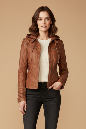 Damen Kunstlederjacke – abnehmbare Kapuze – strukturierte Reißverschlussjacke mit tailliertem Schnitt