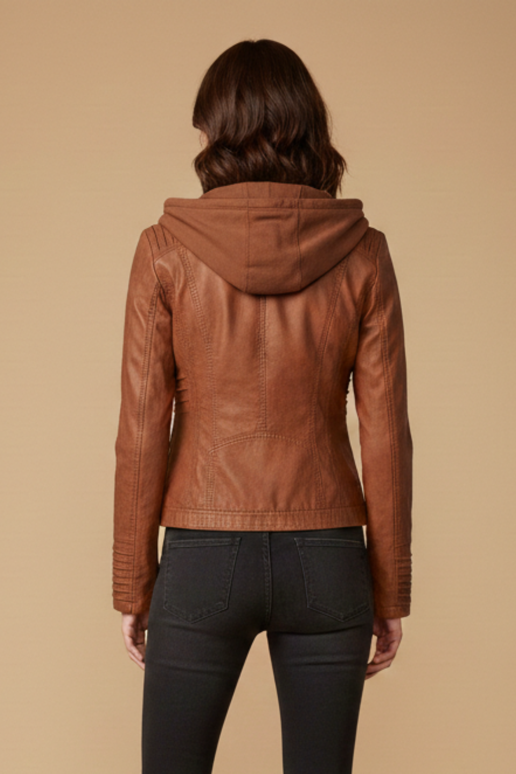 Women’s Faux Leather Jacket – Detachable Hood - Structured Zip-Front Silhouette with Fitted Shape