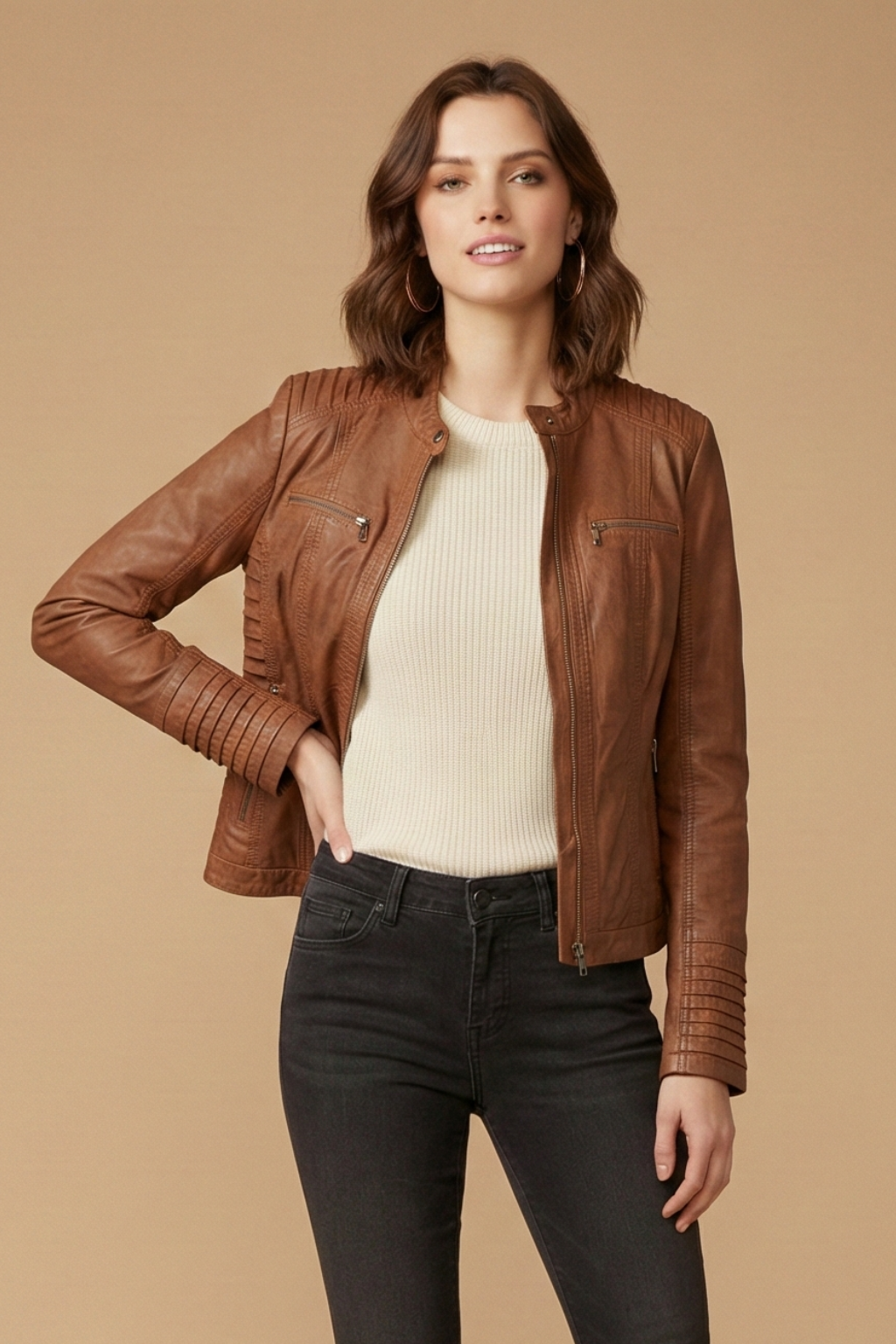 Women’s Faux Leather Jacket – Detachable Hood - Structured Zip-Front Silhouette with Fitted Shape