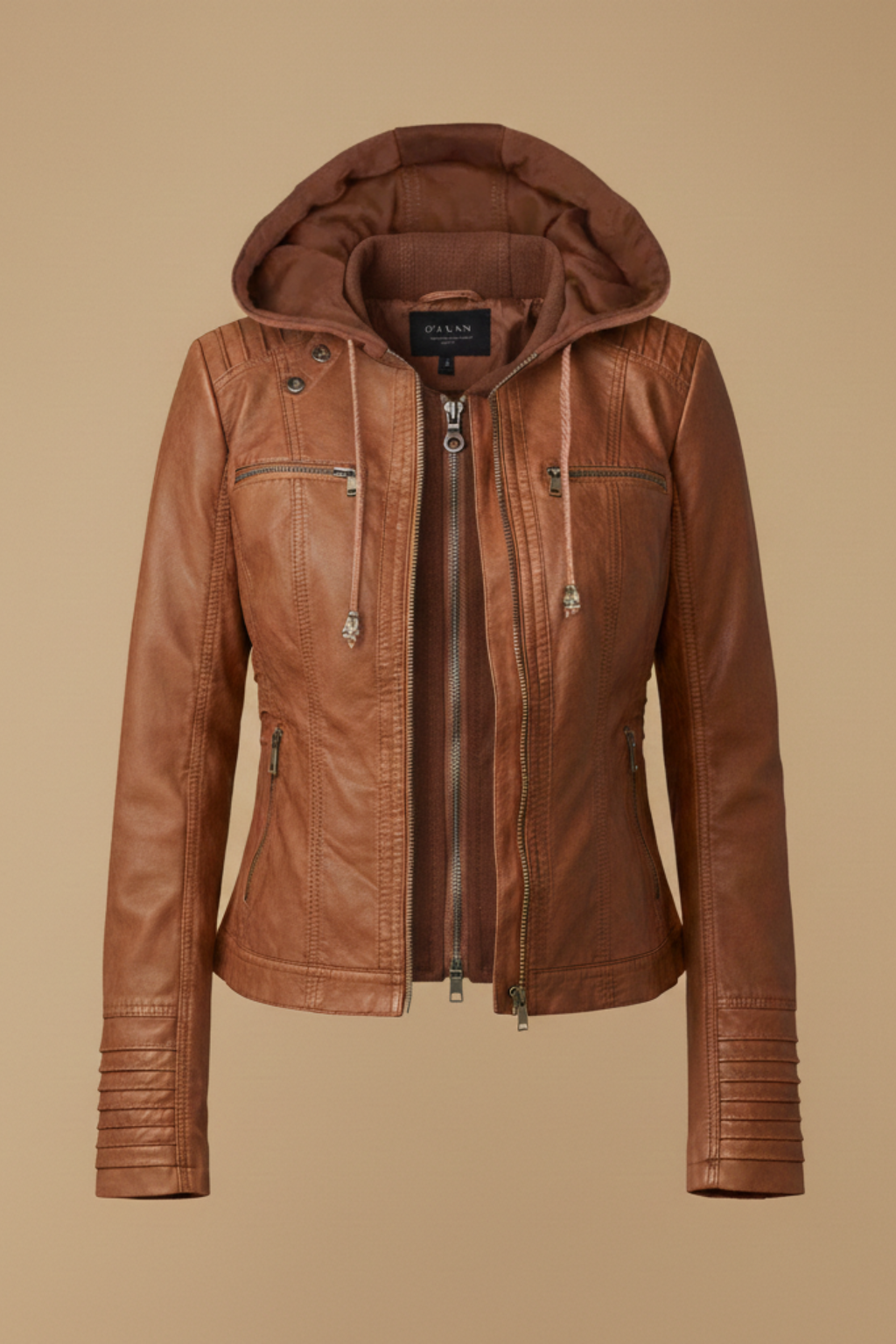 Women’s Faux Leather Jacket – Detachable Hood - Structured Zip-Front Silhouette with Fitted Shape