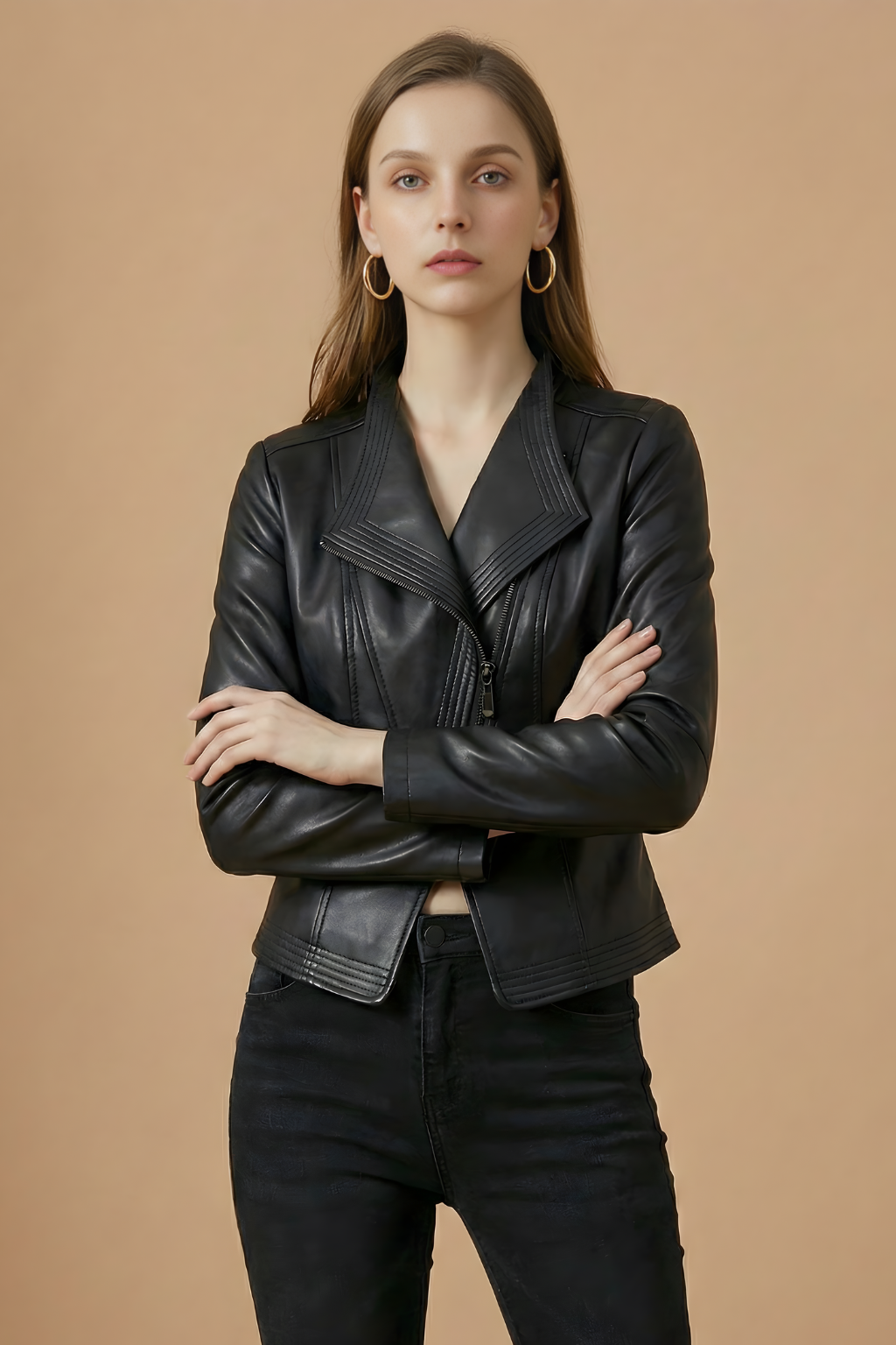 Women’s Zip-Front Faux Leather Jacket with Structured Lapels and Fitted Silhouette