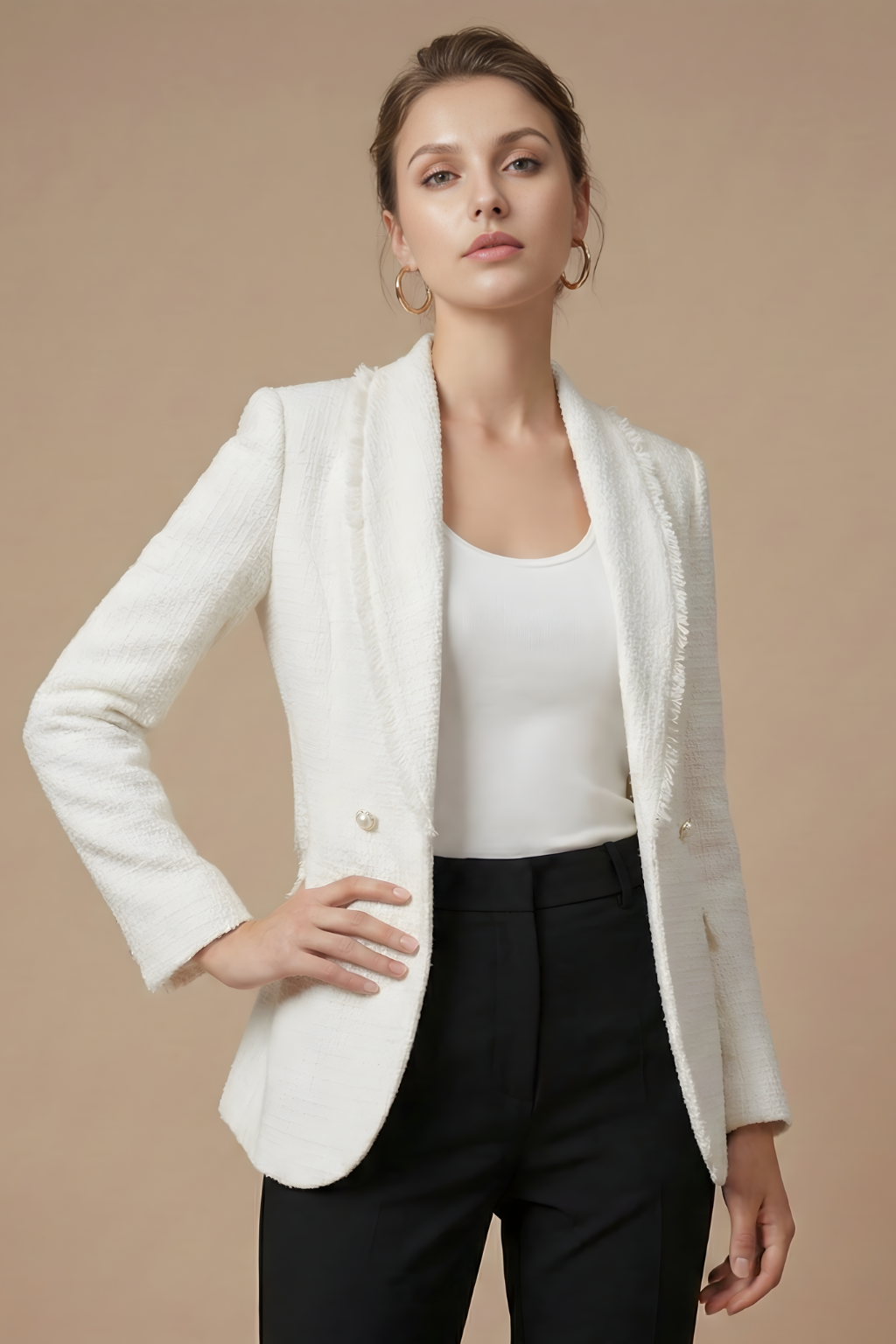 Women’s Tailored Double-Breasted Bouclé-Style Blazer with Frayed Trim