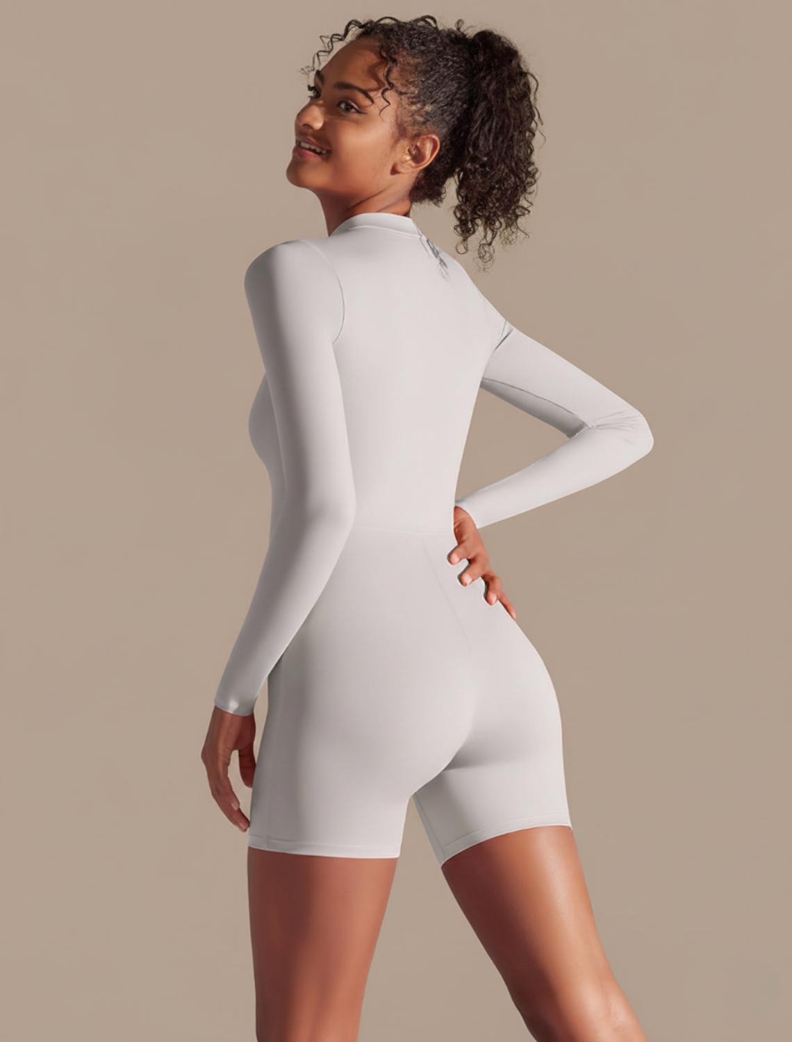 Seamless Long Sleeve Jumpsuit - Slim Fit Short Length Zip Front One Piece Activewear